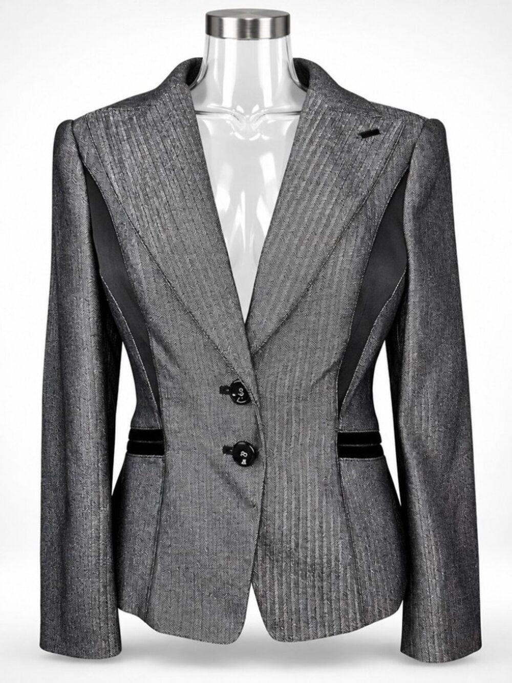 Bebe Blazer Metallic Silver Black Size 6 Herringbone Peplum